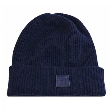 FENDI 電繡FF LOGO羊毛針織保暖毛帽(深藍)