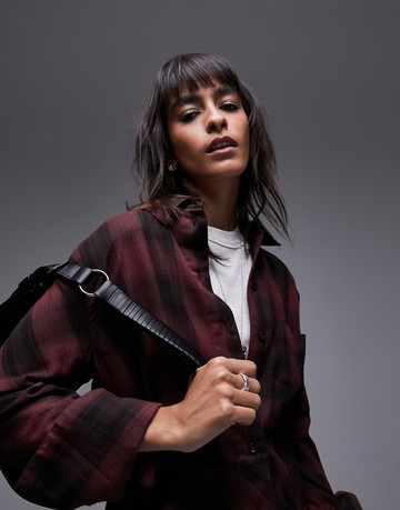 Topshop soft check shirt in berry and black-Multi