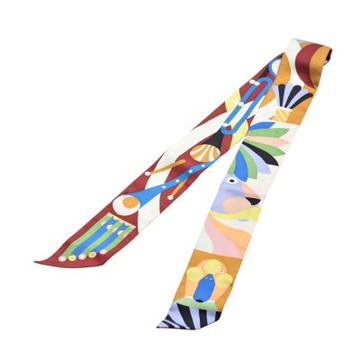 HERMES 經典Parade en Fanfare系列圖騰Twilly絲巾領結(酒紅/黃色)