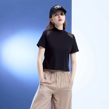 HONOR微透肩拼接立領短袖上衣-黑