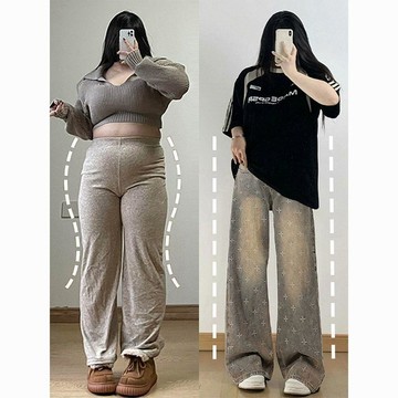 【WYZ】大尺碼胖mm高腰顯瘦牛仔褲女復古重工十字星寬鬆水洗做舊直筒長褲子