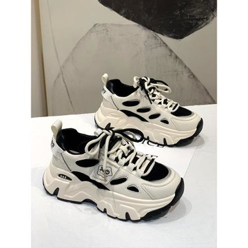 真皮網紅加絨老爹鞋女ins潮2025新款春秋韓版厚底百搭休閑運動鞋