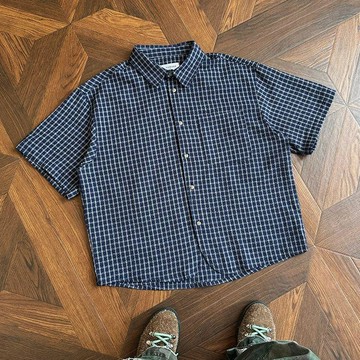 【全場免運】EXLUX夏季泡泡紗格子寬鬆襯衫復古男女五分短袖襯衣上衣cleanfit