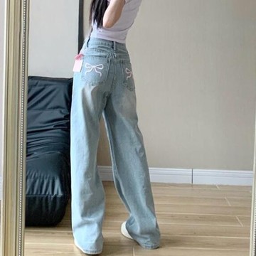 胖胖美依 長褲 牛仔褲 闊腿褲 直筒褲 寬褲 中大碼 S-3XL新款設計感蝴蝶結刺繡復古高腰闊腿褲拖地長褲-2993.