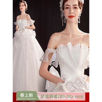 天使嫁衣甜美一字肩法式新娘公主星光抹胸婚紗禮服16037批發