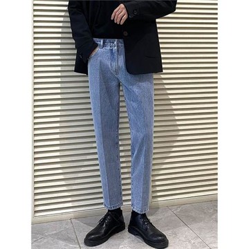 牛仔褲男寬松直筒夏季薄款修身九分褲韓版潮流淺藍色百搭休閑褲子