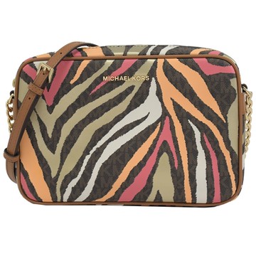 MICHAEL KORS JET SET TRAVEL 金屬LOGO彩色斑馬紋MK印花拉鍊斜背方包(深咖)
