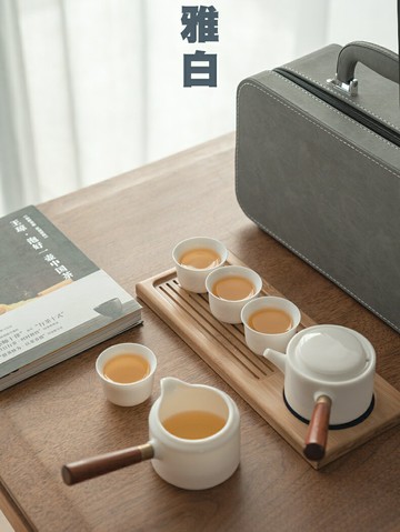 白瓷側把壺旅行茶具套裝便攜包戶外一壺四杯陶瓷家用簡約干泡茶盤