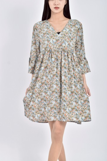 (S) 質感碎花紡紗五分袖藍色洋裝