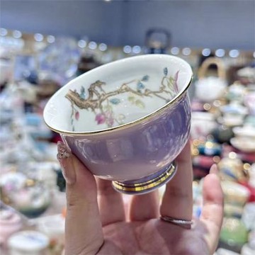 紫色帶內繪桃花魚壓手杯陶瓷描金主人杯個人喝茶杯單杯茶碗盞杯
