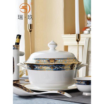骨瓷品鍋雙耳湯盆帶蓋湯鍋家用面碗歐式輕奢浮雕餐具湯碗盛湯盆