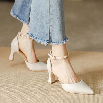 珍珠包頭涼鞋女仙女風粗跟2023年夏季新款百搭少女溫柔中跟高跟鞋