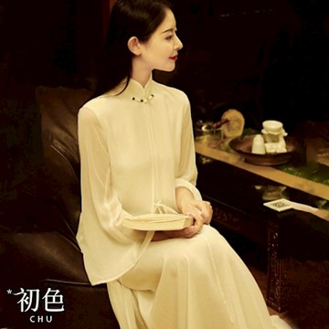 初色 盤扣立領改良式旗袍連衣裙七分短袖連身洋裝-米白色-35394(M-2XL可選)