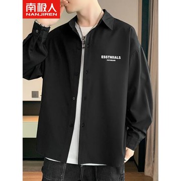 啄木鳥黑色長袖襯衫男士春秋季潮流翻領痞帥上衣休閑男款襯衣外套