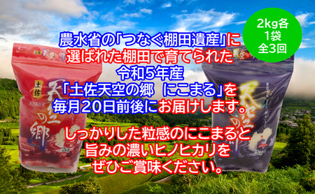 ★令和5年産★農林水産省の「つなぐ棚田遺産」に選ばれた棚田で育てられた 棚田米土佐天空の郷　2kg食べくらべセット定期便  毎月お届け 全3回