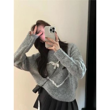 韓系蕾絲愛心設計感套頭毛衣女秋冬新款寬松顯瘦加厚針織衫上衣