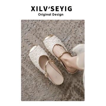 新中式真皮包頭平底涼鞋外穿夏瑪麗珍半拖鞋腳寬胖大碼女鞋41一43