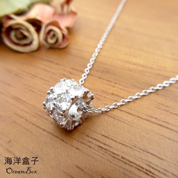☆§海洋盒子§☆璀璨閃耀雙排滿鑽圓鋯轉運珠925純銀項鍊 OB2890 外鍍專櫃級正白K.女用短鍊