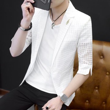 夏季七分袖西裝男超薄鏤空防曬衣輕薄半袖小西服青年帥氣中袖外套