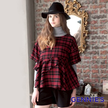 Gennies奇妮 經典格紋荷葉邊拼接上衣-紅黑格(T3A17)