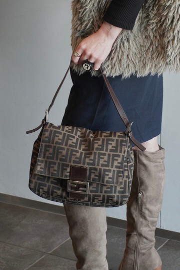 【 日本直送 名牌中古包 】FENDI 芬迪 經典 FF 緹花織物 縮口水桶包 棕色 vintage 中古包 mrnknx