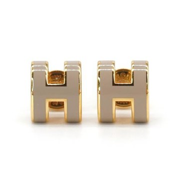 Hermes Pop H 立體簍空橢圓logo耳環-mini(栗子灰/金)