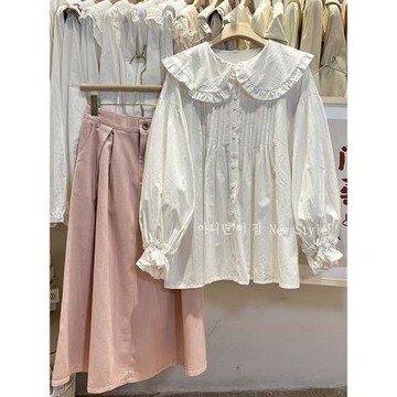 日系文藝簡約娃娃領寬松單排扣純棉減齡白襯衫喇叭袖長袖襯衣2023