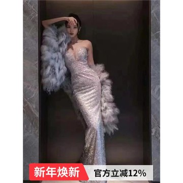 灰色羽毛晚宴年會主持人藝考生日成人禮晚禮服新娘訂婚晨袍19116Q