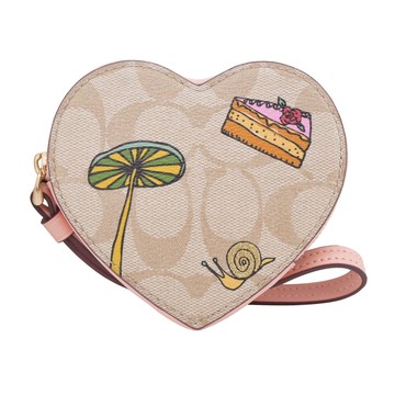 【COACH】 OBSERVED 塗鴉印花PVC皮革心型手掛零錢包(卡其粉)