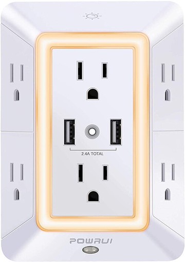[2美國直購] USB Wall Charger,充電器 Surge Protector, POWRUI 6-Outlet Extender with 2 USB Charging Ports (2.4A Total) and Night Light, 3-Sided Power Strip with Adapter Spaced Outlets - White，ETL Listed