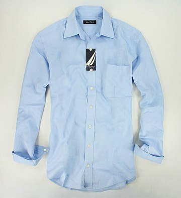 美國百分百【全新真品】Nautica 帆船牌 男 上班 工作 素面 口袋 長袖 襯衫 淺藍色 M號