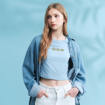 CACO-三眼怪刺繡涼感合身T‧情侶款-女【J2DI503】