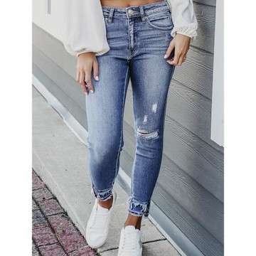 2026春季新款四季款修身破洞牛仔褲女 歐美時尚毛邊高腰小腳褲女