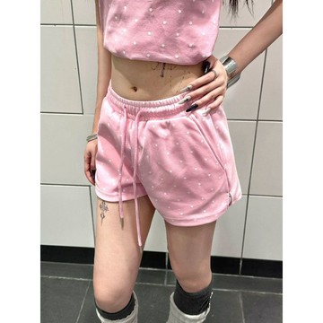 現款免運 休闲短裤 日系粉色波點滿印休閒短褲女夏季外穿學生寬鬆甜美顯瘦三分褲熱褲Q1