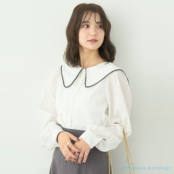 earth music 配色蕾絲滾邊水手領長袖襯衫