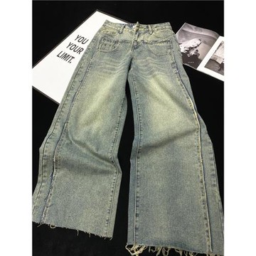 CCA自制辣妹風古著感復古做舊寬松牛仔褲水洗磨白毛邊拼接闊腿褲