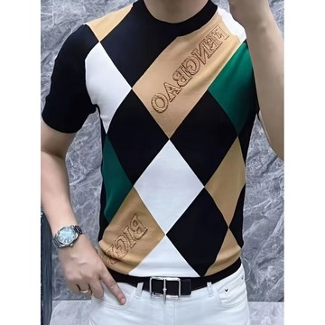 🚀虧本到貨&舒適透氣⚡源頭廠家男士冰絲短袖T恤2025春秋季新款潮流百搭帥氣方格半袖上