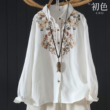 初色 民族風撞色刺繡排釦翻領長袖襯衫上衣女上衣-共5色-15263(M-3XL可選)