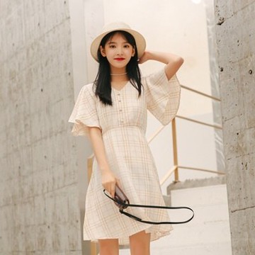 連身裙喇叭袖上衣-時尚甜美氣質格紋女連衣裙2色73rx47【獨家進口】【米蘭精品】