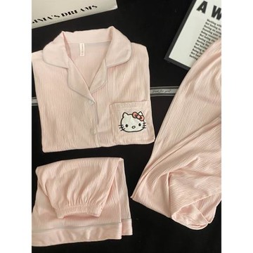 helloKitty睡衣女夏季2024新款純棉紗縐布短袖可愛三件套裝家居服