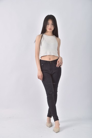 (M) orange bear棉質破洞藍色長褲