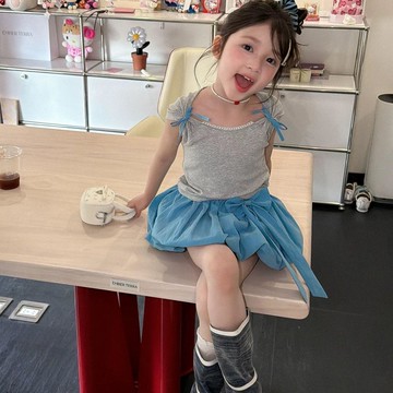 mori🎀mori女童夏季套裝耳邊蝴蝶短袖T恤花苞蝴蝶結短裙夏裝兩件套