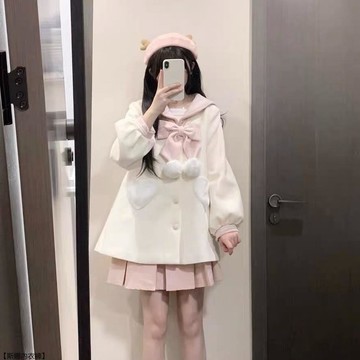 秋冬可愛風減齡海軍領呢子大衣百搭軟糯森系中長款小個子外套