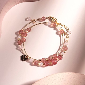 草莓晶粉晶14K包金雙圈水晶手鍊 禮物 招桃花手鍊