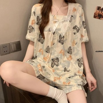 可愛蝴蝶結睡衣套裝 短袖短褲套裝 女生睡衣 卡通家居服 大尺碼家居服套裝 女生短袖短褲 日系可愛睡衣 方領顯瘦 vkii