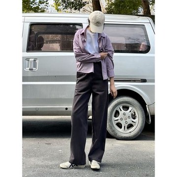 左手日記早春新款復古美拉德灰棕色大直筒拖地褲高個子男女長褲