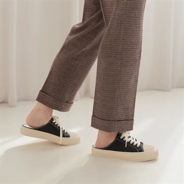 【WYPEX】全真皮方頭軟底餅乾穆勒鞋 綁帶餅乾鞋 -黑色