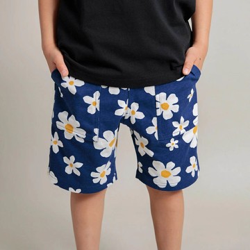 日本 BRANSHES - 100%棉 百搭休閒口袋短褲-白花-海軍藍