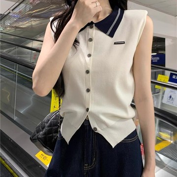 衣時尚 上衣 針織外套  無袖T卹 毛衣 小衫 新款學院風撞色polo領百搭無袖針織開衫小個子上衣-6083.