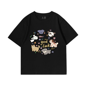 趣味可愛穿搭 寬鬆上衣 卡通印花短T 小個子夏日穿搭 長版 短版韓系上衣 黑色T恤 純棉短袖女 t恤 oversize